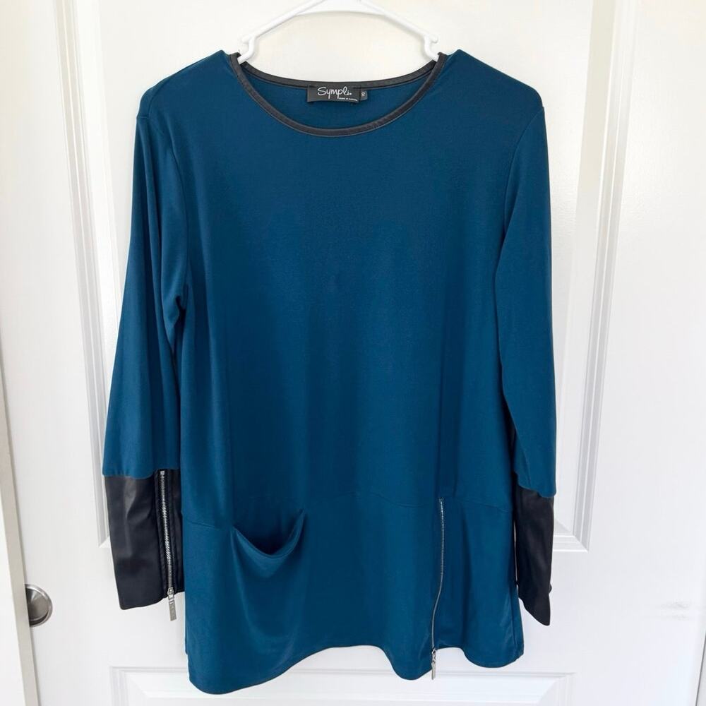 Sympli Pocket Front Zip Sleeve Tunic Top Vegan Leather Blue 10